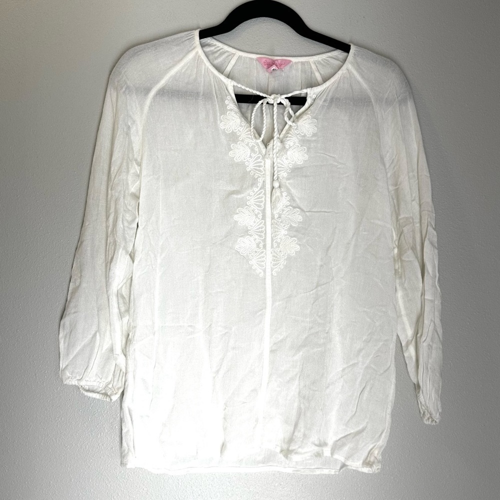 Lilly Pulitzer Embroidered Tie Neck White Top Size XS Women’s Rayon Cotton Blend
